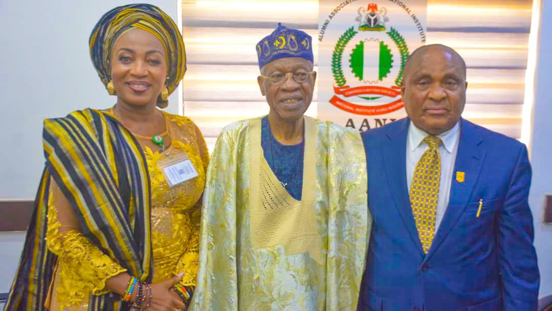 L-R: Dr. Evelyn Ikuenobe-Otaigbe, mni, Head of Advancement & Alumni Relations Office, NIPSS; Alhaji Lai Mohammed, CON, Former Minister of Information and Culture and the Managing Partner, Bruit Costaud; Amb. Emmanuel O. Okafor, mni, President of Alumni Association of the National Institute (AANI)