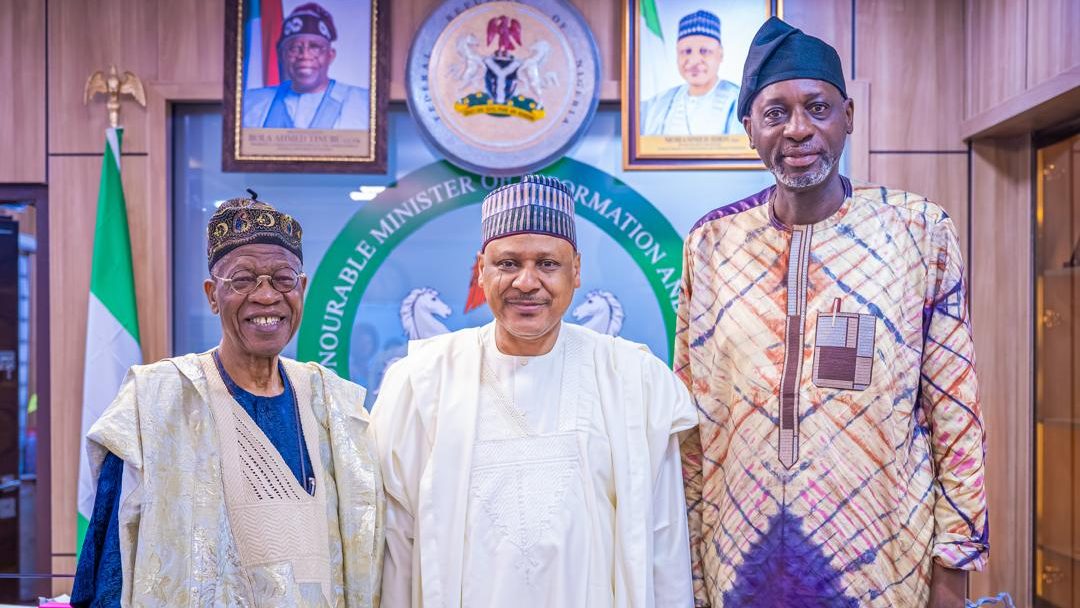 L-R: Alhaji Lai Mohammed (Fmr. Minister of Information & Culture and Managing Partner, Bruit Costaud); Honourable Mohammed Idris (Hon. Minister of Information & National Orientation); Prof. Ayo Omotayo (Director-General, National Institute for Policy & Strategic Studies, NIPSS)